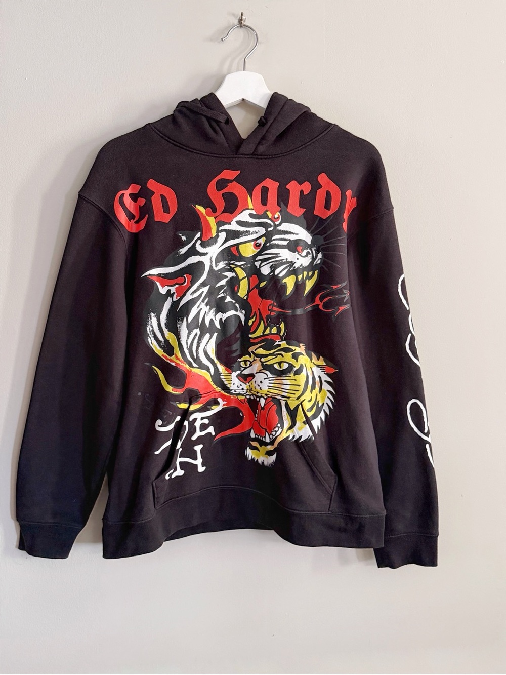 Ed Hardy Men M Black Tiger Wolf Graphic Hoodie Y2K Streetwear Punk Grunge